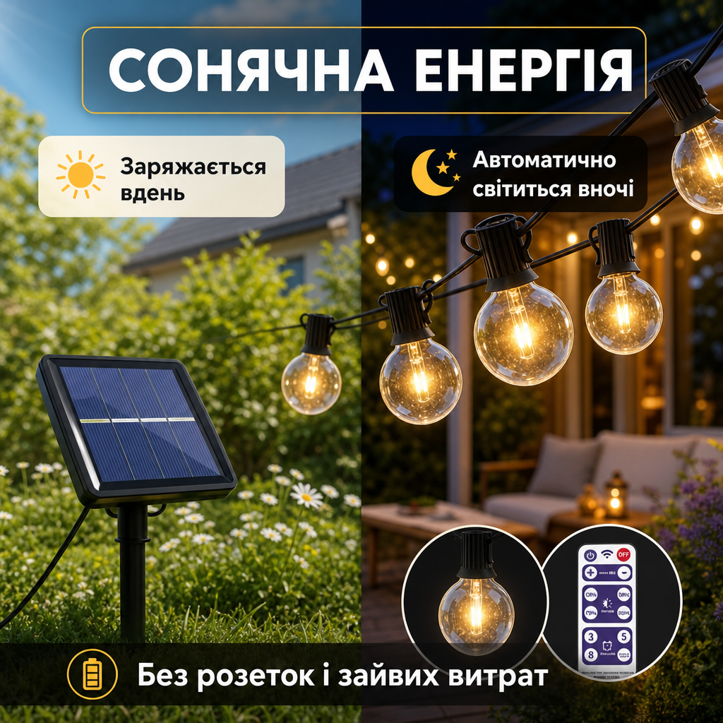 Гірлянда — сонячна панель з пультом керування